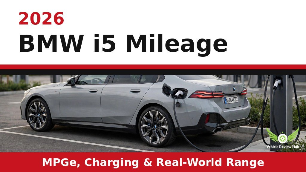 Gray 2026 BMW i5 charging at a station in a mileage guide graphic