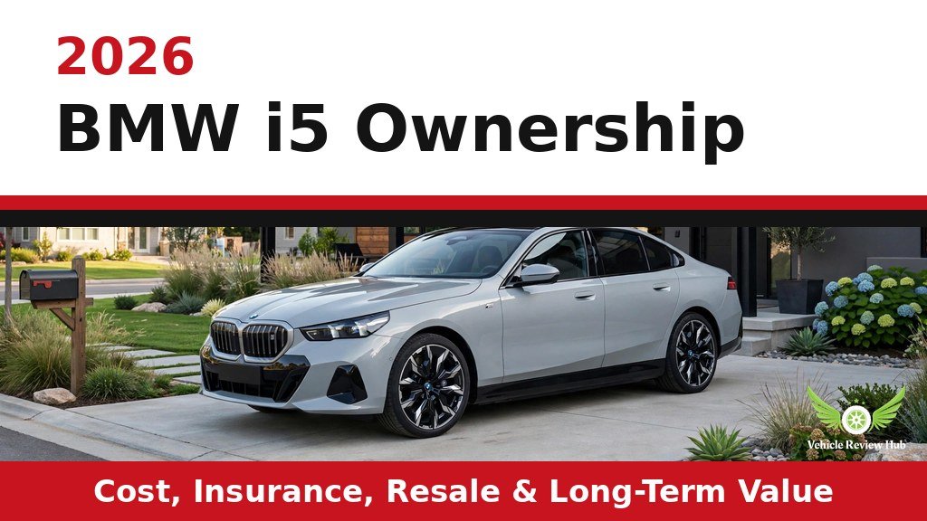 Silver 2026 BMW i5 in a residential driveway in an ownership guide graphic