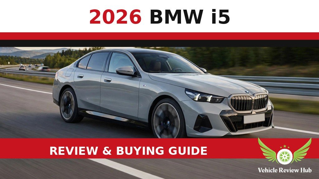 Silver 2026 BMW i5 on a highway in a review and buying guide graphic