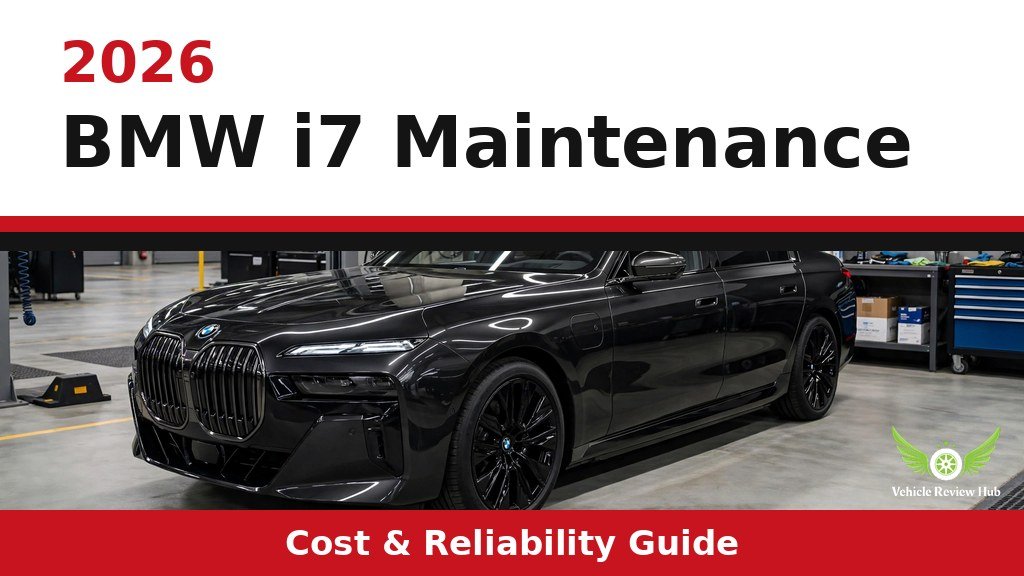 Black 2026 BMW i7 in a service garage in a maintenance guide graphic