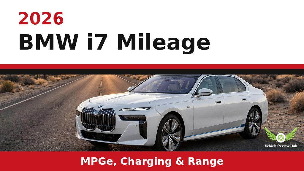 White 2026 BMW i7 on a desert road in a mileage guide graphic