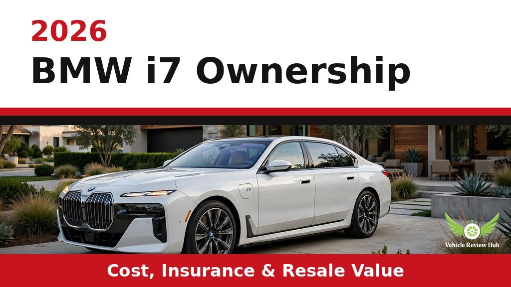 White 2026 BMW i7 parked in front of a modern home in an ownership guide graphic
