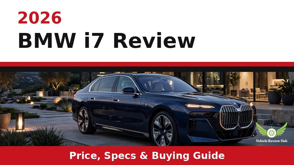 Dark blue 2026 BMW i7 outside a modern home at dusk in a review graphic