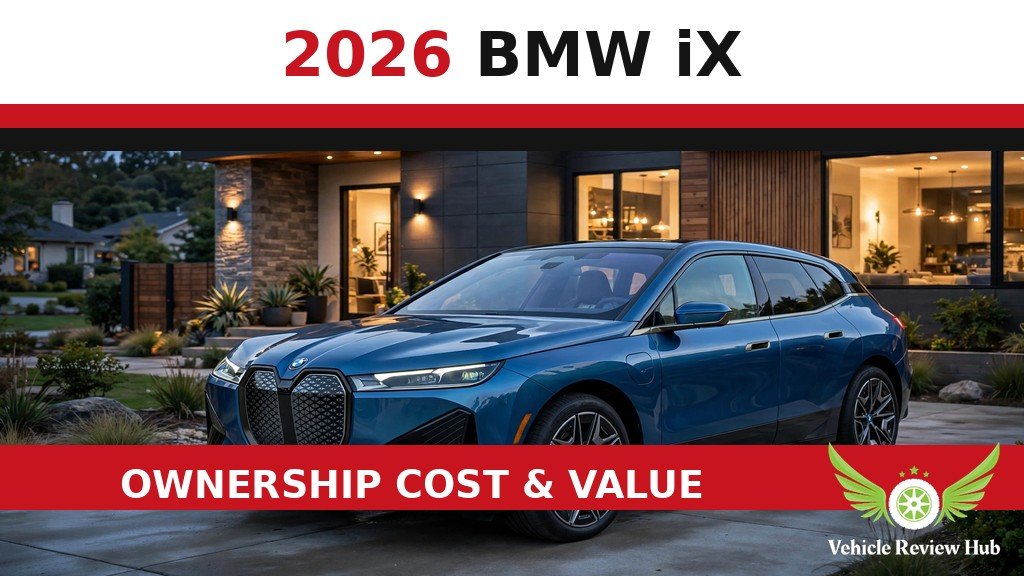 Blue 2026 BMW iX in front of a modern home in an ownership cost graphic