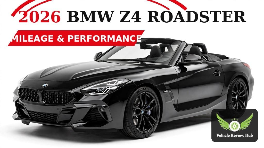 Black 2026 BMW Z4 roadster on a white background in a mileage graphic