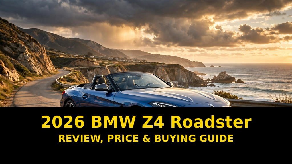 Blue 2026 BMW Z4 roadster on a coastal road in a review graphic