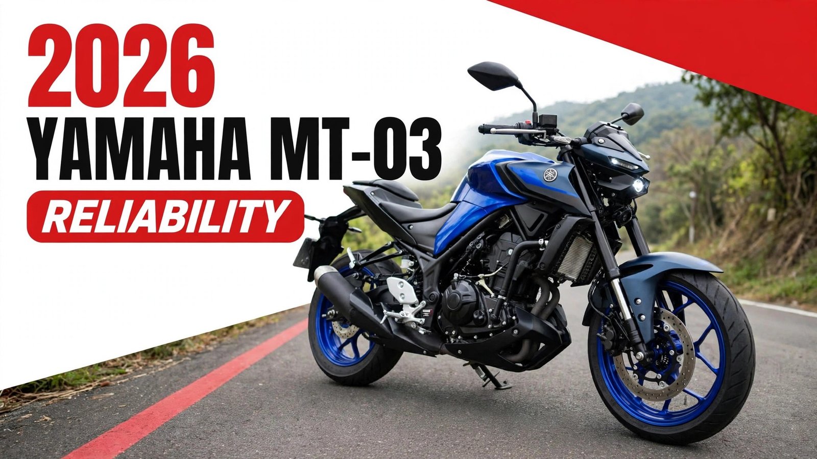 2026 Yamaha MT-03 reliability review featured thumbnail with bold styling and no watermark.