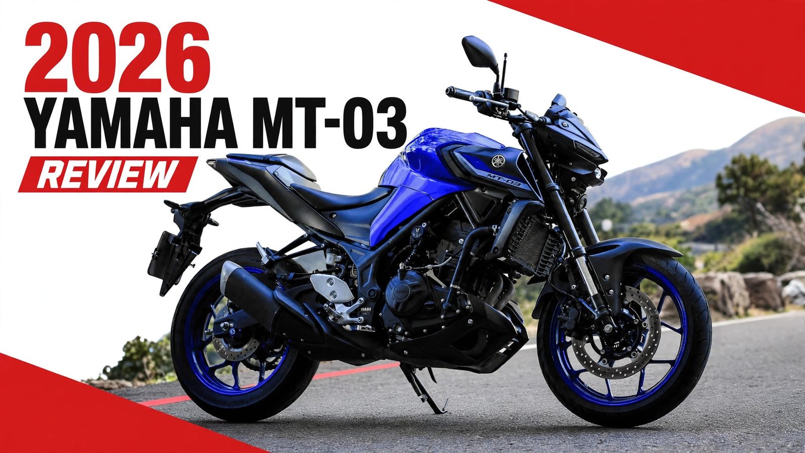 2026 Yamaha MT-03 review featured thumbnail with bold styling and no watermark.