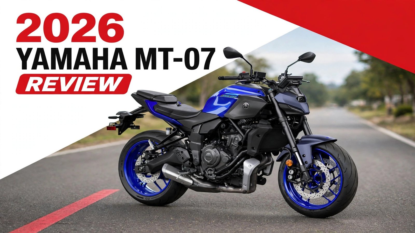 2026 Yamaha MT-07 review cover graphic with red and white design