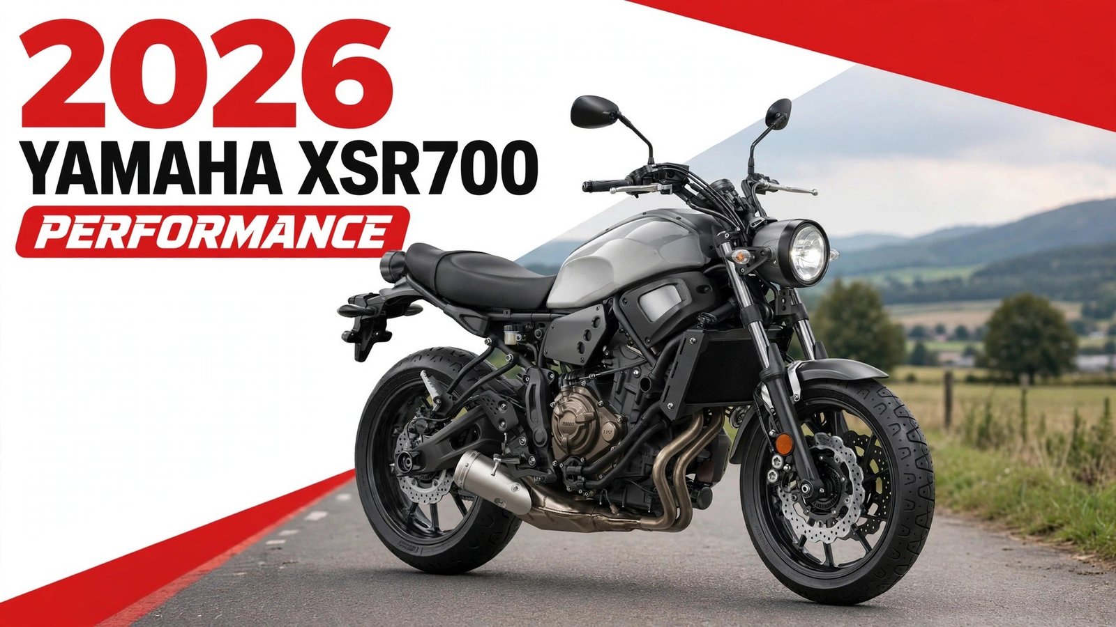 2026 Yamaha XSR700 performance banner showing a silver retro-styled naked motorcycle on a winding mountain road