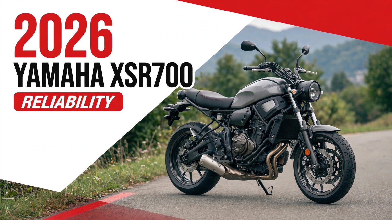 2026 Yamaha XSR700 reliability banner showing a dark gray retro-styled naked motorcycle parked on a roadside