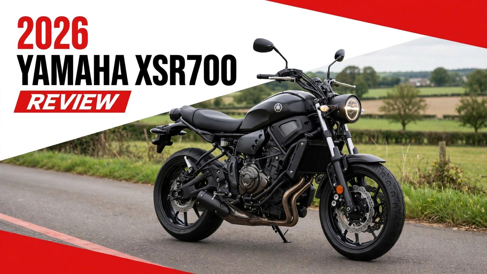 2026 Yamaha XSR700 review banner showing a black retro-styled naked motorcycle parked on a country road