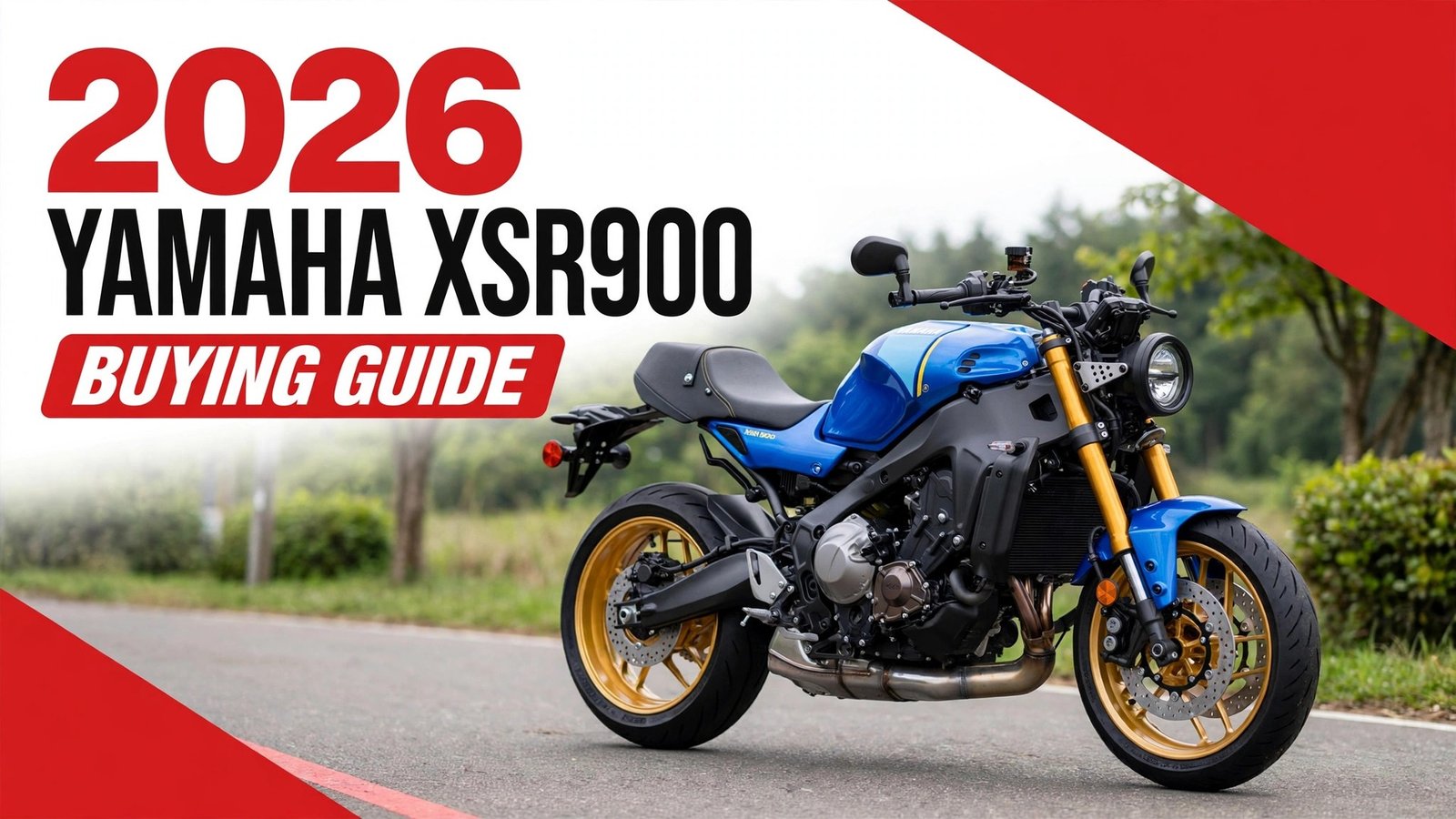Featured banner for the Yamaha XSR900 buying guide showing a 2026 XSR900 with bold buying guide title graphics.