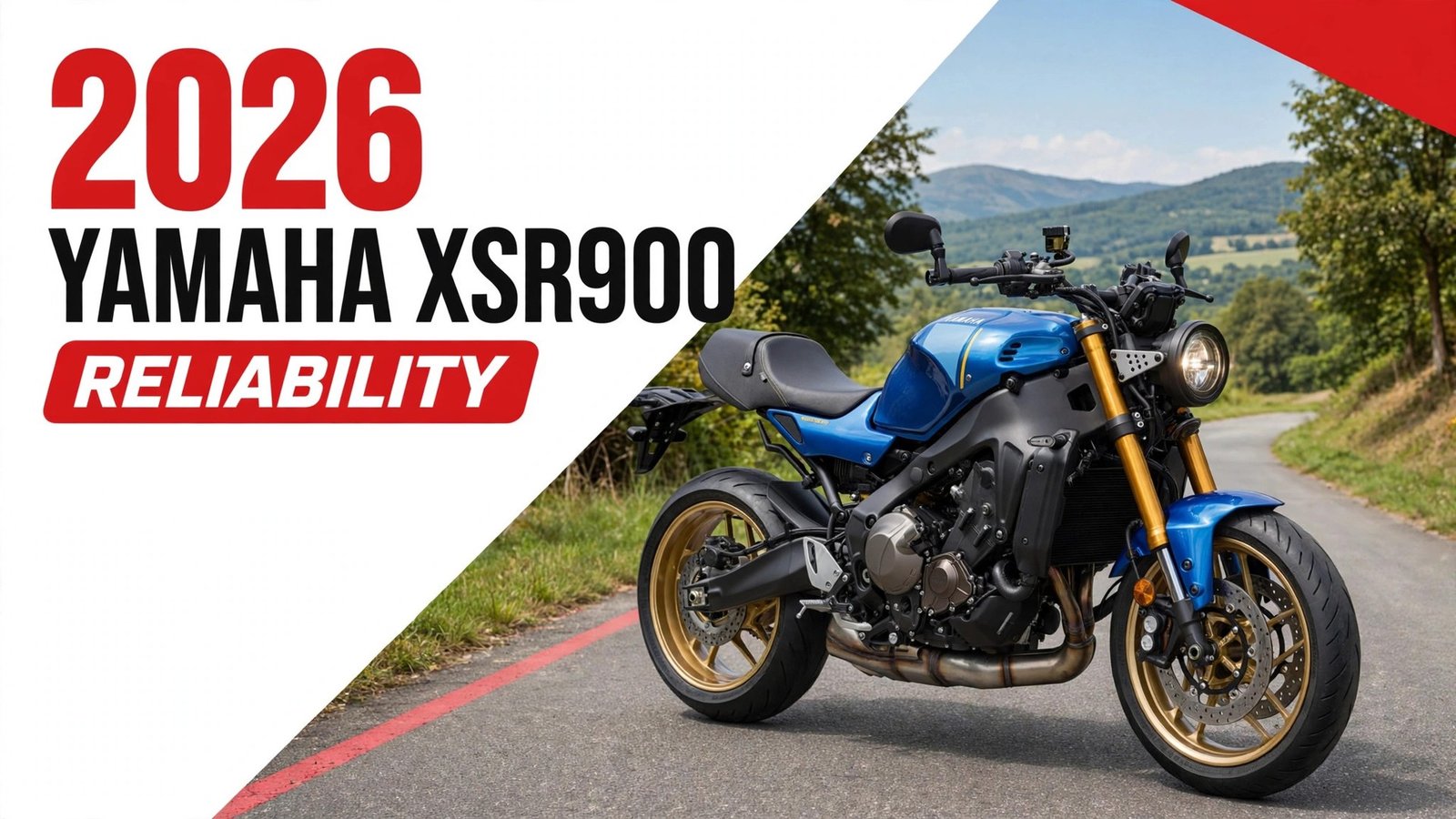 Featured banner for the Yamaha XSR900 reliability article showing a blue 2026 XSR900 with gold forks and wheels on a winding road, with bold reliability title graphics.