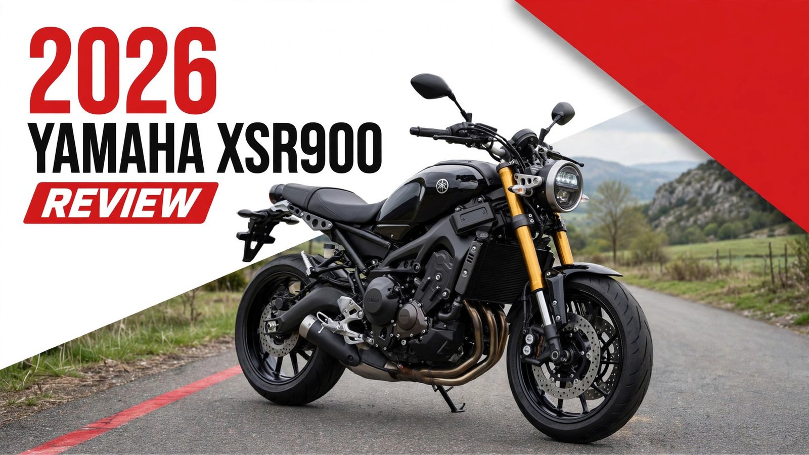 Featured banner for the Yamaha XSR900 review showing a black 2026 XSR900 naked motorcycle with gold forks on a winding road, with bold 2026 review title graphics.