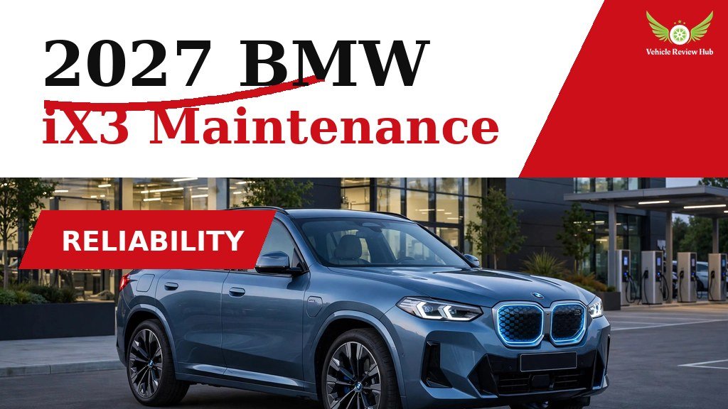 Blue 2027 BMW iX3 at an EV charging station in a maintenance guide graphic