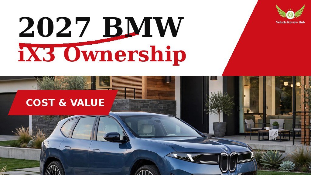 Blue 2027 BMW iX3 parked in front of a modern home in an ownership guide graphic