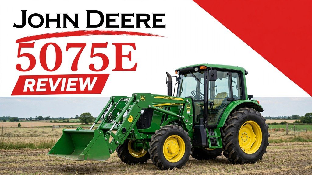 John Deere 5075E Review featured banner with a green tractor