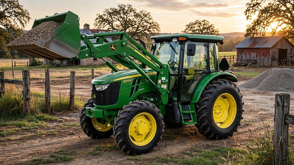 John Deere 5075E utility tractor with 520M front loader lifting gravel
