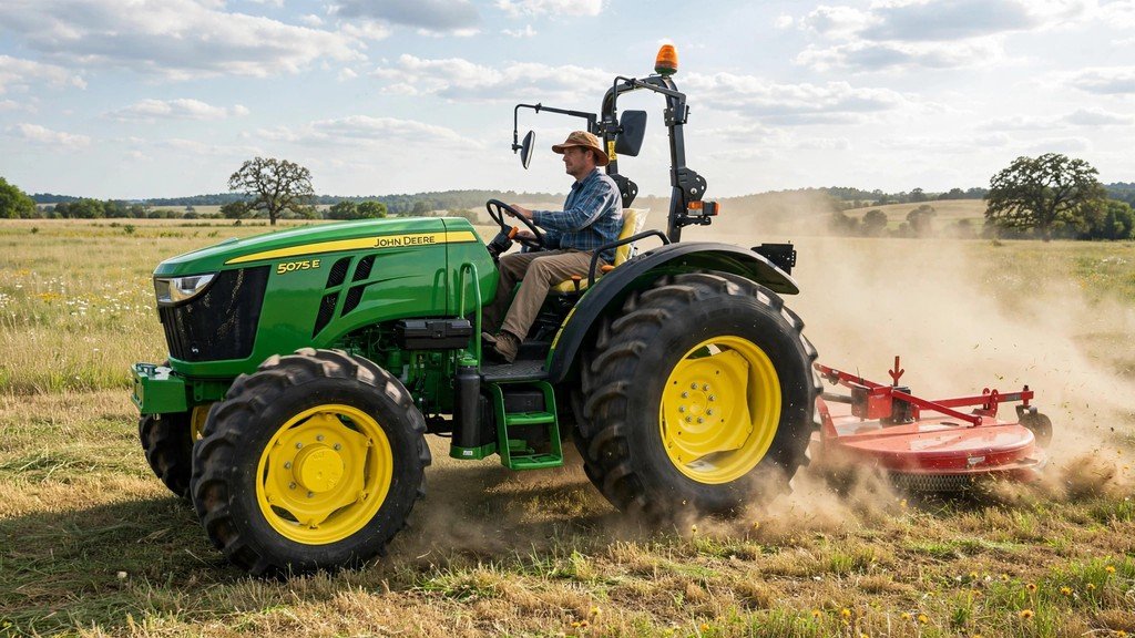 John Deere 5075E pulling a rotary cutter mower in a pasture
