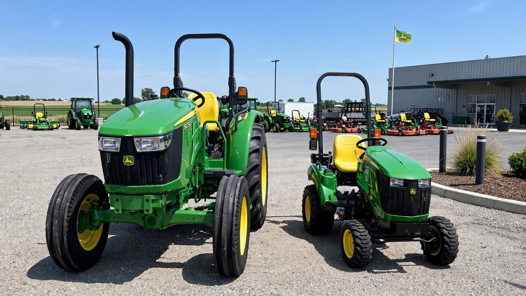 John Deere 5075E beside a smaller compact tractor on a dealer lot