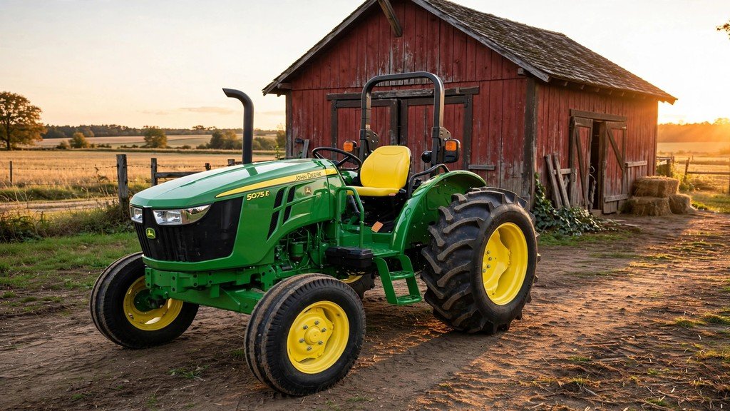 John Deere 5075E parked in front of a red barn at golden hour