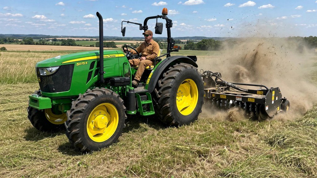 John Deere 5075E mowing a pasture with a 10-foot rotary cutter