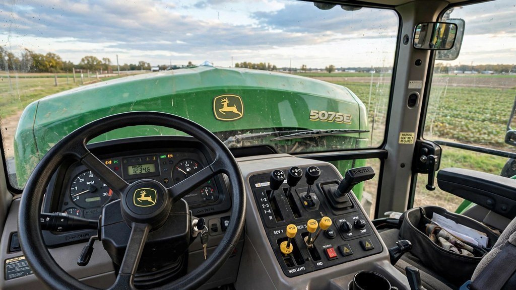 Inside the cab of a John Deere 5075E showing operator controls