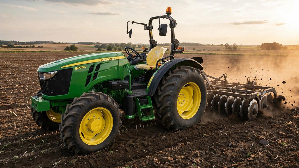 John Deere 5075E pulling a disk harrow tilling dark soil
