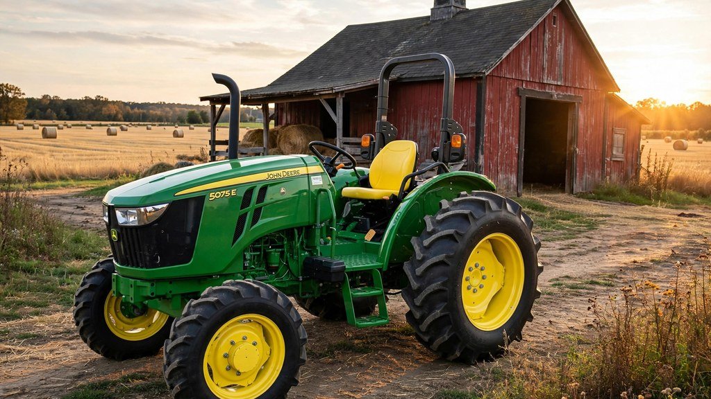 John Deere 5075E parked in front of a red barn at golden hour