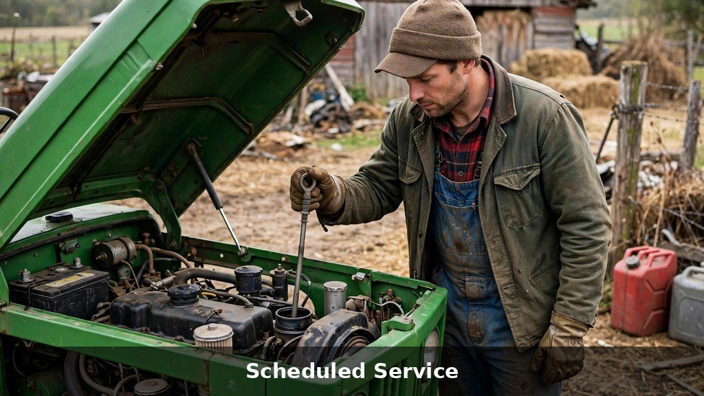 Farmer checking engine oil on a John Deere 5075E utility tractor