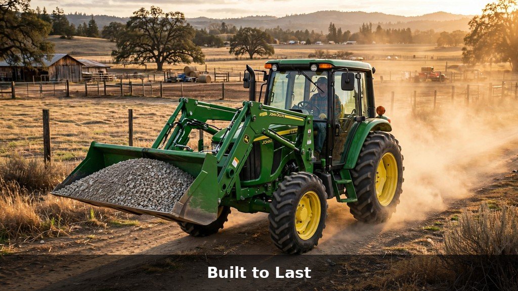John Deere 5075E utility tractor with front loader working on a farm