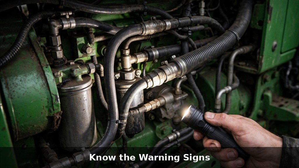 Mechanic inspecting engine compartment of a John Deere 5075E