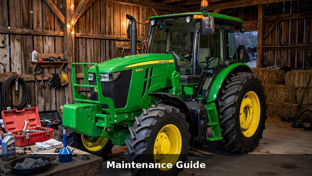 John Deere 5075E parked in a barn after scheduled maintenance