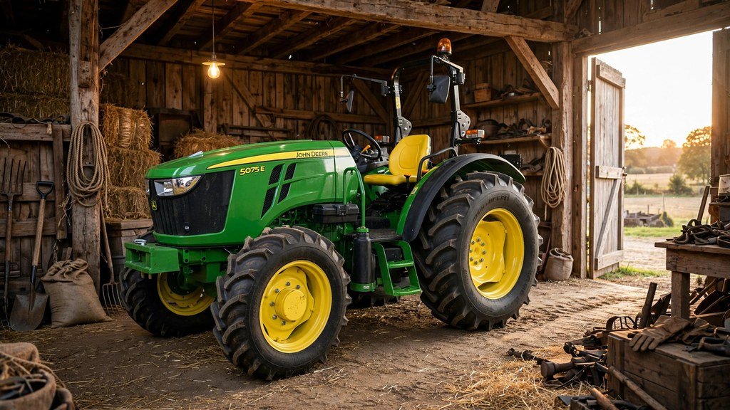 John Deere 5075E utility tractor stored securely inside a wooden barn