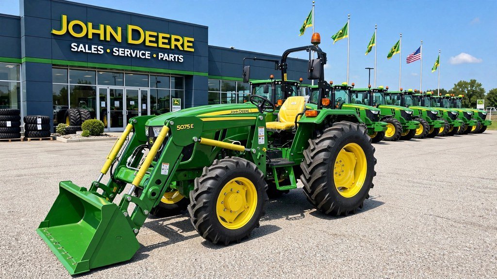 Clean John Deere 5075E on a dealership lot showing strong resale value