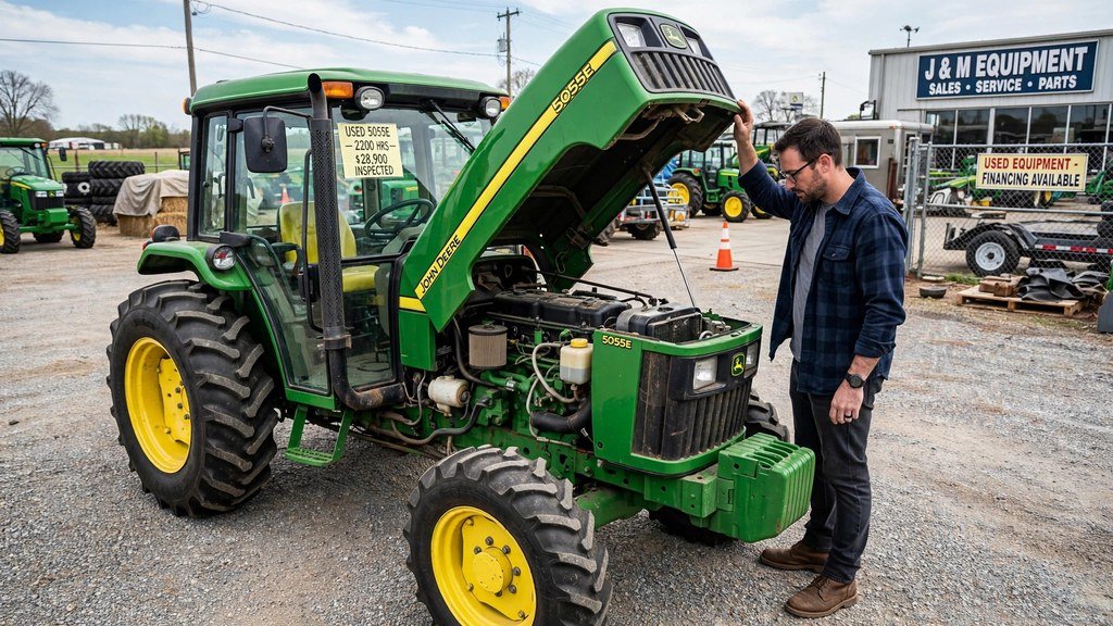 Buyer inspecting a used John Deere 5075E with the hood open on a dealer lot