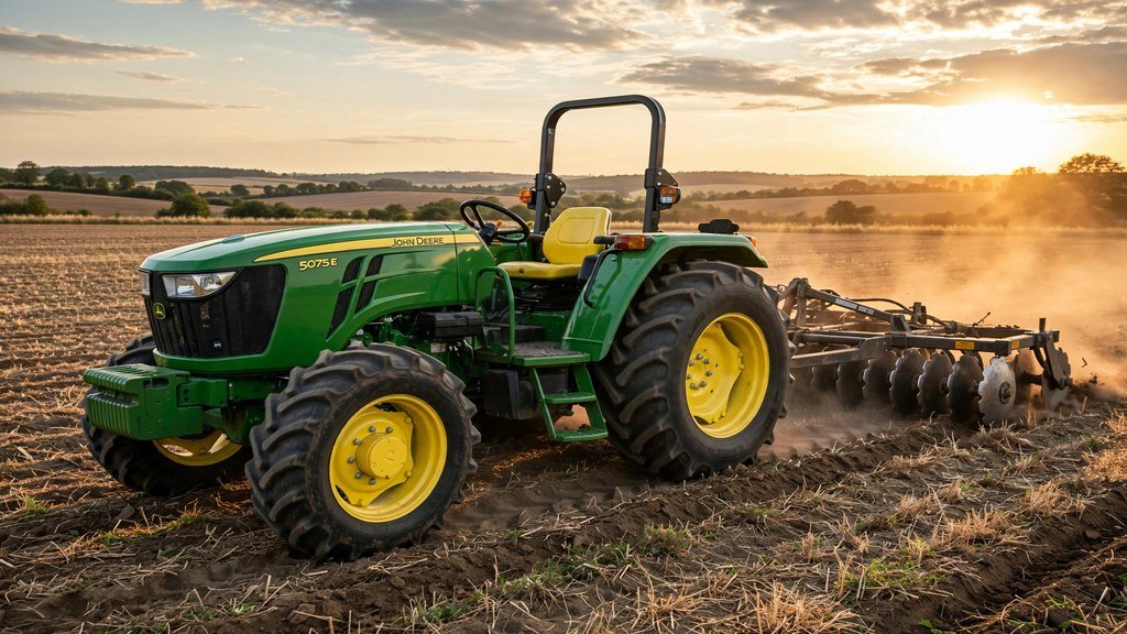 John Deere 5075E working in a field at golden hour, ownership essentials