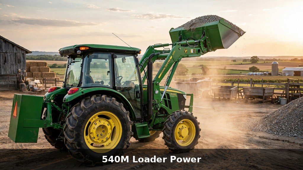 John Deere 5090M utility tractor with 540M front loader lifting gravel