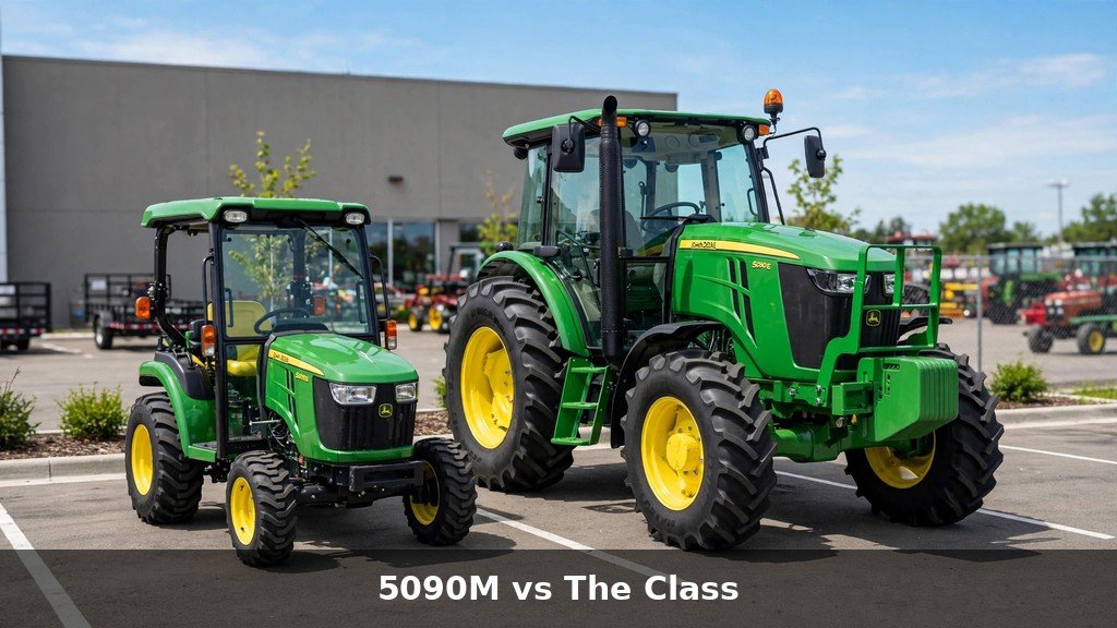 John Deere 5090M beside a smaller utility tractor on a dealer lot