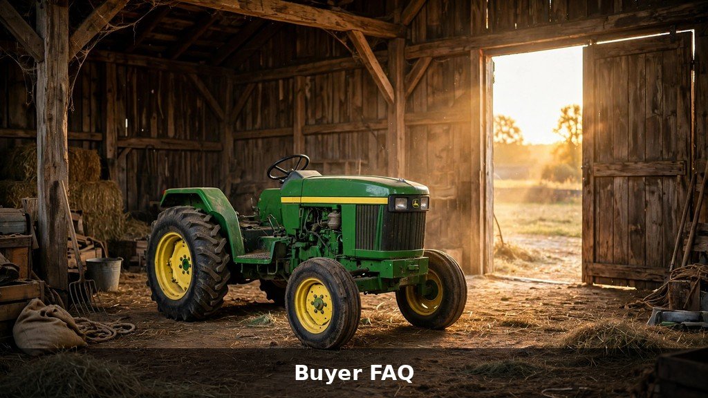 John Deere 5090M parked inside a wooden barn at golden hour
