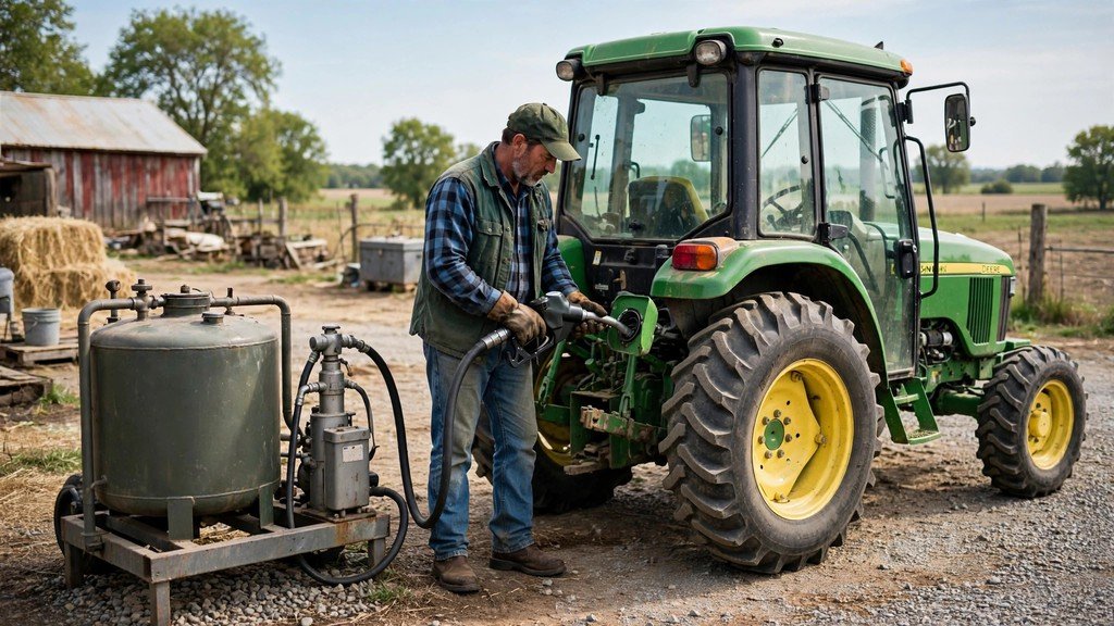 John Deere 5090M utility tractor refueling from a farm diesel tank