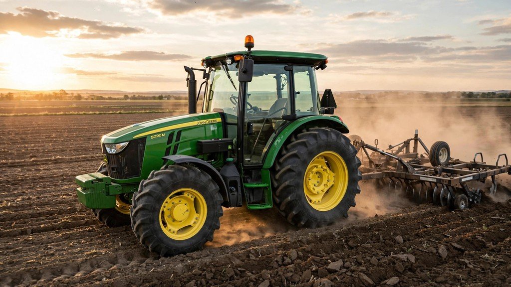 John Deere 5090M pulling a tillage implement across a field