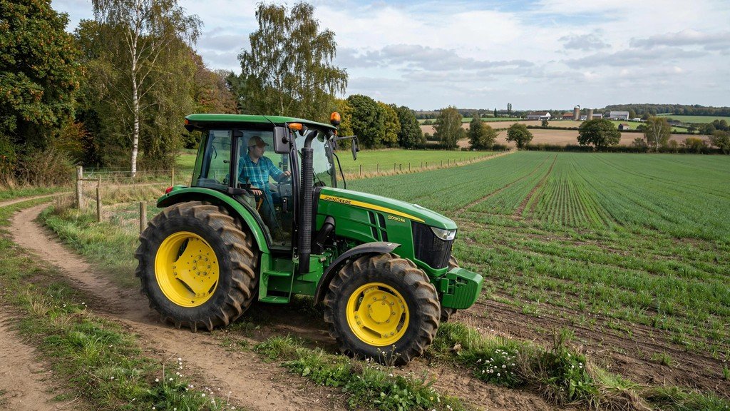 John Deere 5090M cab tractor maneuvering at the edge of a field