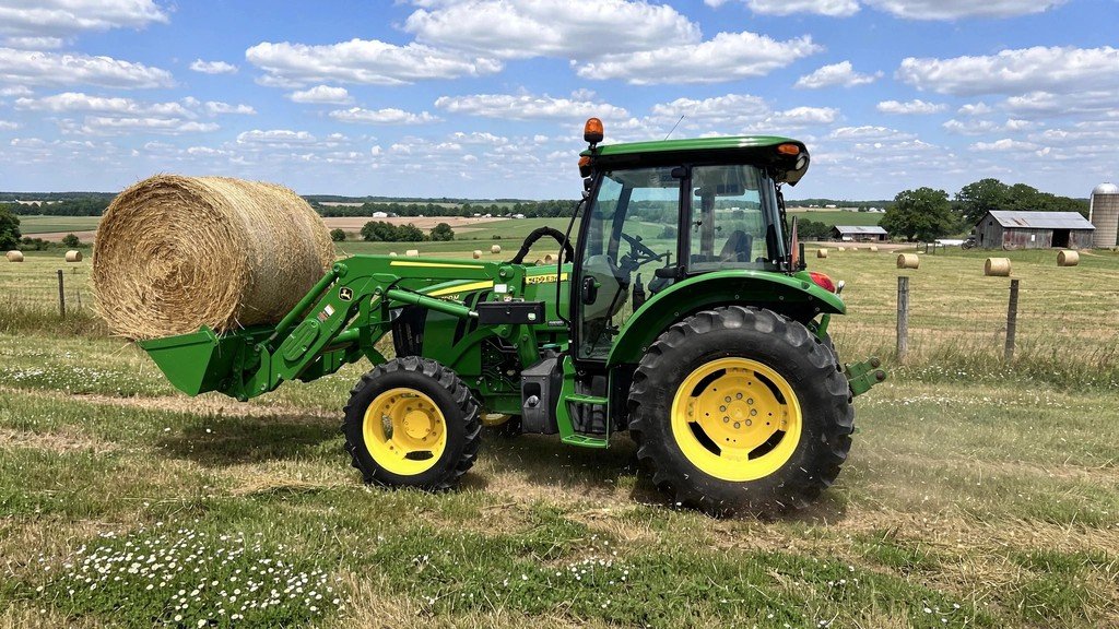 John Deere 5090M with 540M loader moving round hay bales