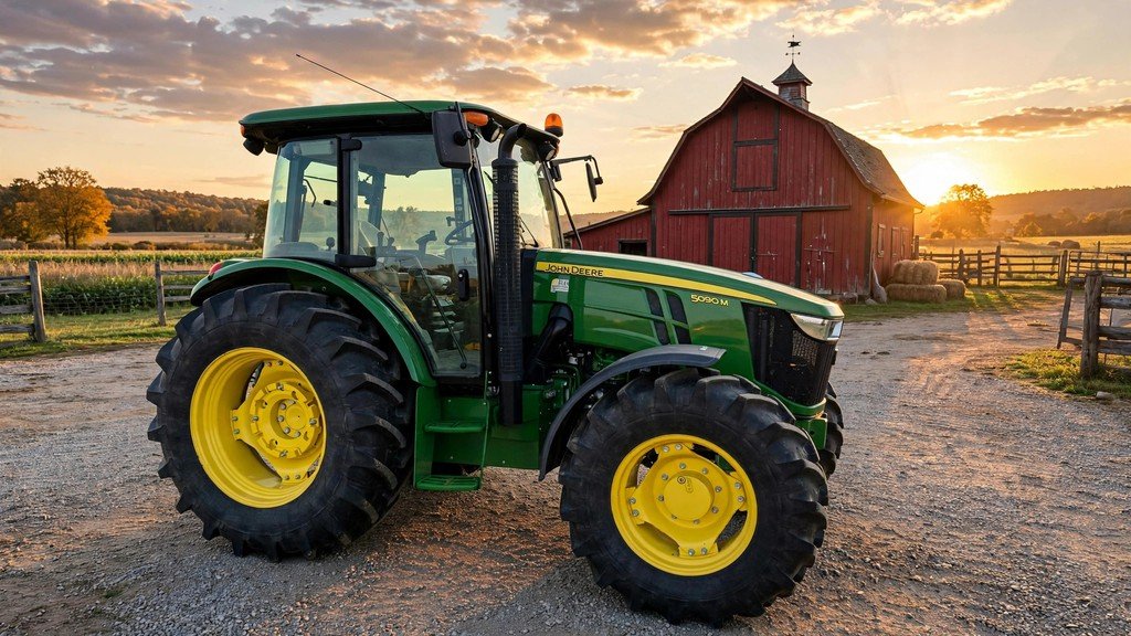 John Deere 5090M parked in front of a barn at sunset