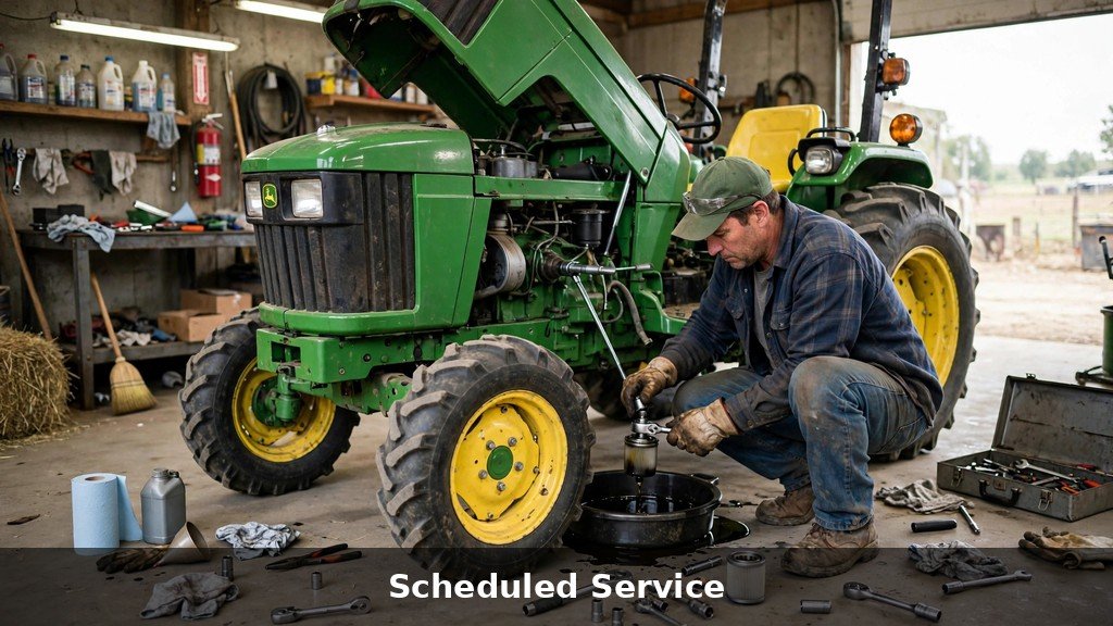 Owner changing engine oil and filter on a John Deere 5090M utility tractor