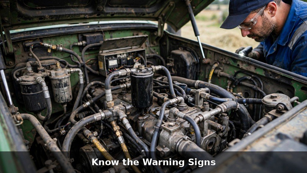 Mechanic inspecting diesel engine compartment and hydraulic connections on a John Deere 5090M