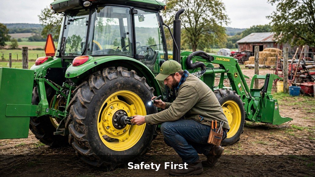 Farmer inspecting brakes and wheels on a John Deere 5090M utility tractor