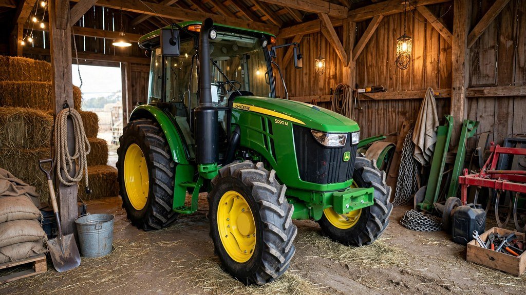 John Deere 5090M utility tractor stored securely inside a wooden barn